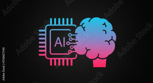 Artificial intelligence concept with brain and chip connected, representing machine learning, neural network, and cognitive technology on dark background
