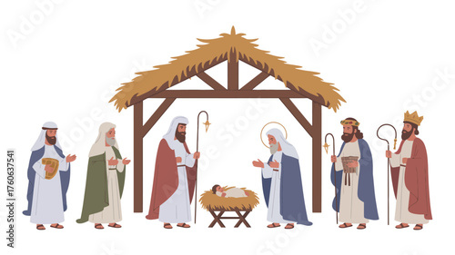 Nativity scene with the three wise men and baby jesus in a stable