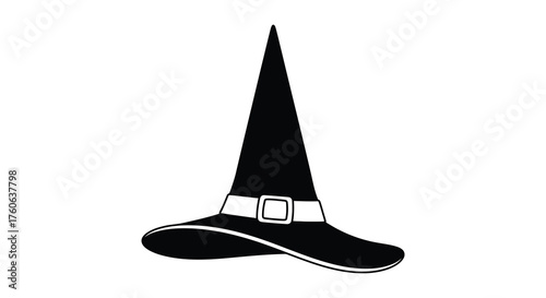 A classic black witch hat with a white buckle and brim rendered in a distinctive silhouette style