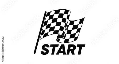 Black and white checkered flag with the word start below in a bold font silhouette