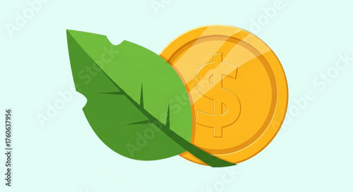 Green leaf and gold coin, representing sustainable finance, ecofriendly investment, and environmental responsibility in the world of business