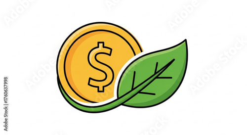 A vibrant illustration showcases a gold coin adorned with a dollar sign, nestled beside a lush green leaf, it symbolizes ecofriendly finance