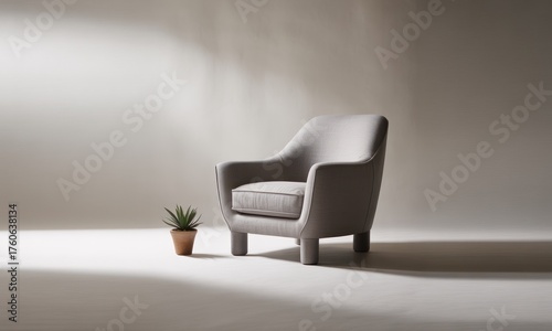 Modern light grey armchair and small potted succulent plant in minimalist studio
