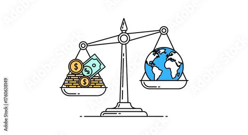 Concept of balance between money and the world, illustrating the importance of environmental protection and sustainable financial practices