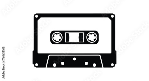 Retro audio cassette tape in a stark black and white silhouette style representing vintage music and nostalgia