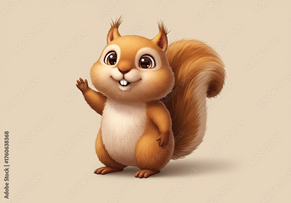 Obraz premium Charming illustration of a cute cartoon squirrel waving its paw with a friendly smile against soft