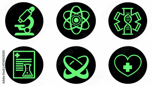 Medical science icon set perfect for healthcare branding, lab research and pharmaceutical innovation