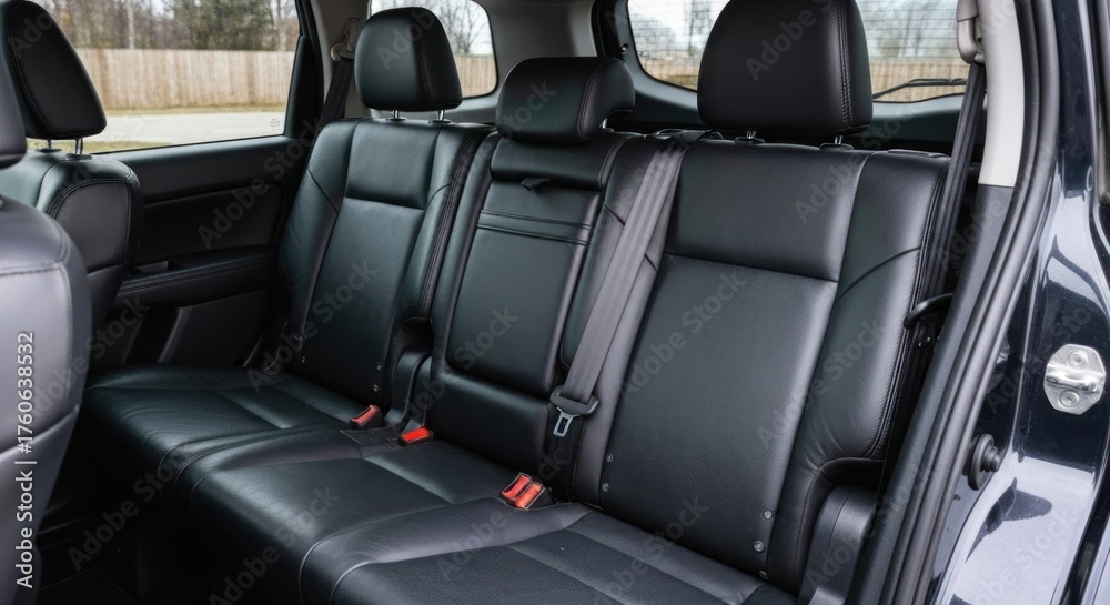 Fototapeta premium Modern vehicle interior detailed black leather rear seats with red stitching, headrests
