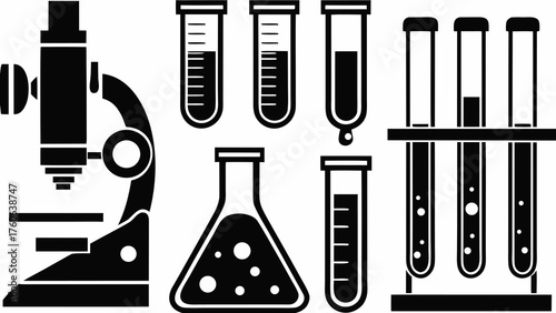 Scientific research equipment microscope and test tubes for chemistry and biology experiments