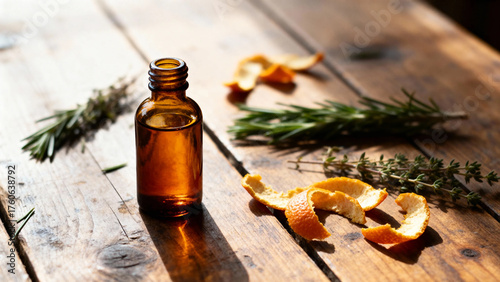 Amber bottle of essential oil with dried citrus peels and herbs on wooden surface