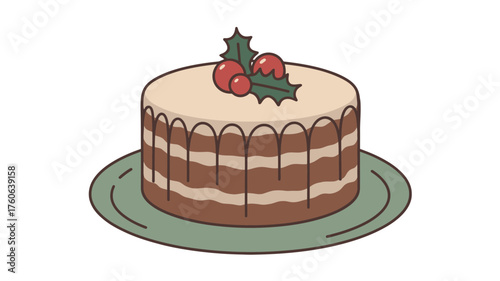 Christmas cake with frosting and holly decoration on a plate