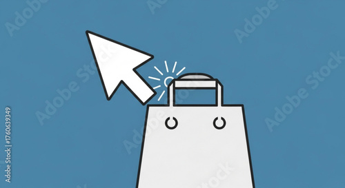 A shopping bag icon with a cursor hovering over it on a blue background, representing online shopping, ecommerce, and digital retail experiences