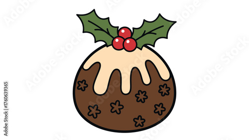Traditional christmas pudding with holly and berries decoration