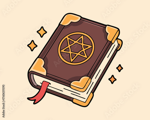 Cartoon Magic Spellbook Illustration - Ancient Grimoire with Hexagram Symbol