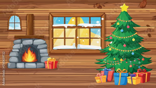 Cozy christmas cabin interior with fireplace decorated tree and gifts