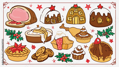 Traditional christmas food assortment festive holiday meal illustration