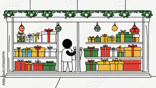 Person selecting gifts from a brightly decorated christmas shop display