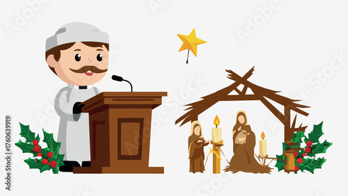 Cartoon man in religious attire speaking at a podium near a nativity scene