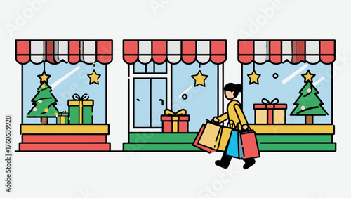 Person carrying shopping bags past festive christmas store windows