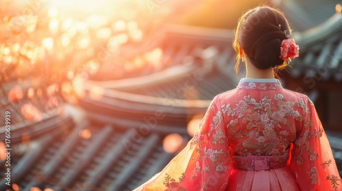 Back view of korean asian woman in traditional korean dress or hanbok dress walking in old palace in night with full moon, Seoul city, South Korea,copy space.
