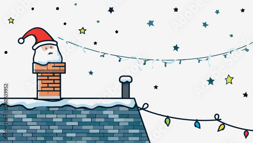 Santa claus peeking out of a chimney on a snowy christmas eve