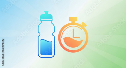 A water bottle and a timer, , representing hydration and time management for fitness, sports, and healthy lifestyle