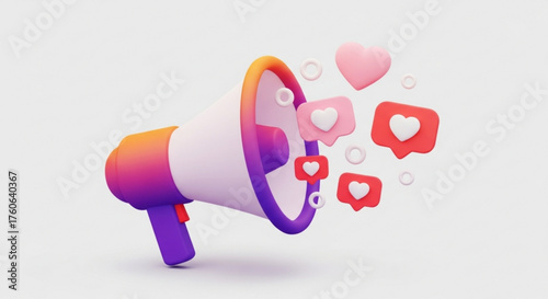 3d rendering of a megaphone with hearts and like icons floating around, symbolizing social media marketing and promotion