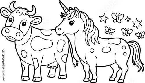 Cute cartoon cow and unicorn standing together on grass field, black and white line art drawing coloring page for kids and art
