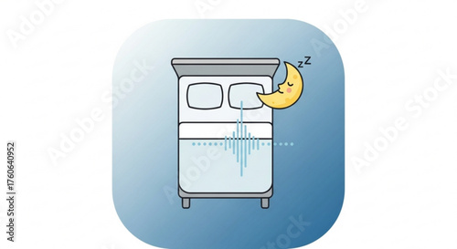 Illustration of a bed with a sleeping moon, representing sleep tracking and analysis, concept for sleep monitoring and health