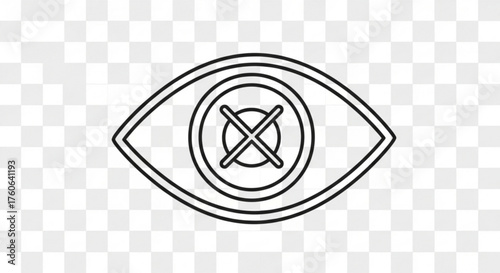 A white eye with a cross through the pupil, representing visual impairment, blindness, or the concept of do not look