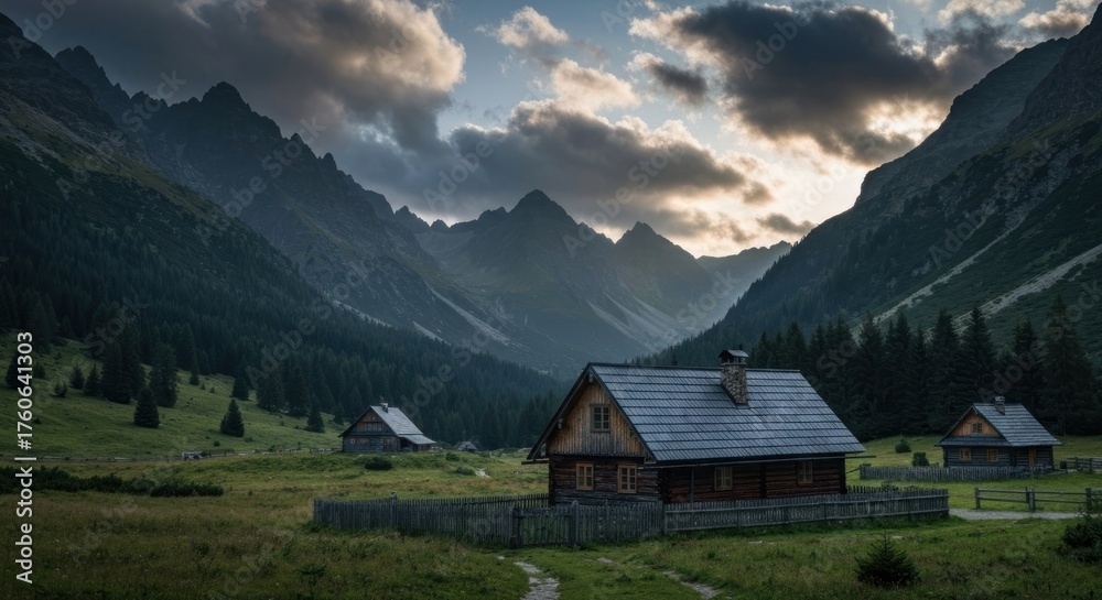 Obraz premium Remote wooden cabins in a vast mountain valley, surrounded by forests under a cloudy sky