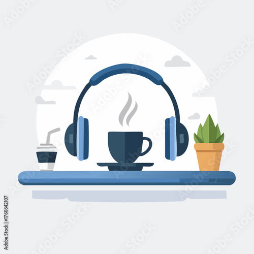 Headphones, Coffee Cup, and Plant on a Shelf.