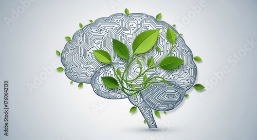 Conceptual brain with circuit board pattern and green leaves, symbolizing growth, intelligence, and ecofriendly technology