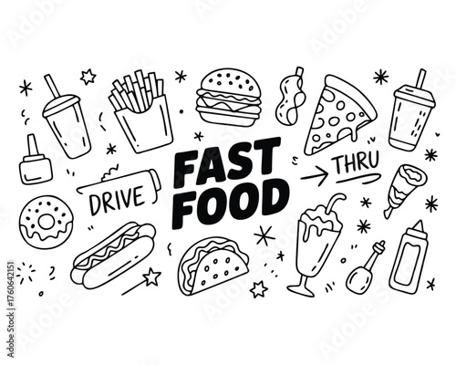 Hand Drawn Fast Food Doodles Background - Black and White Vector Illustration