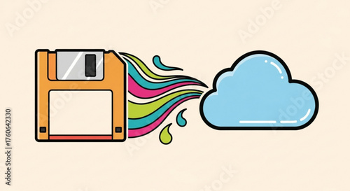 Retro floppy disk transferring data to cloud storage with colorful waves, symbolizing data migration and cloud computing