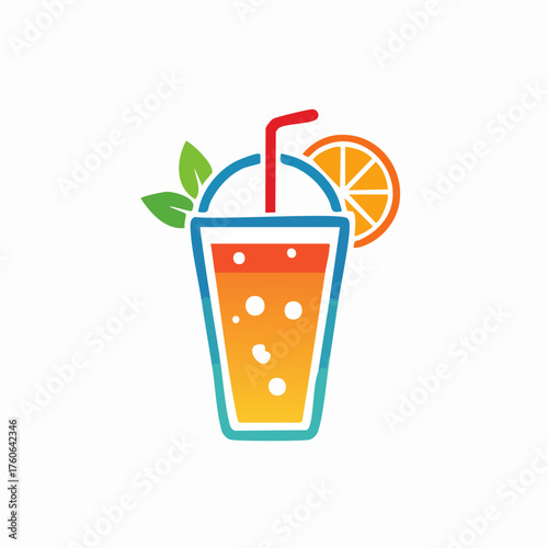 Refreshing orange juice drink with straw and orange slice.