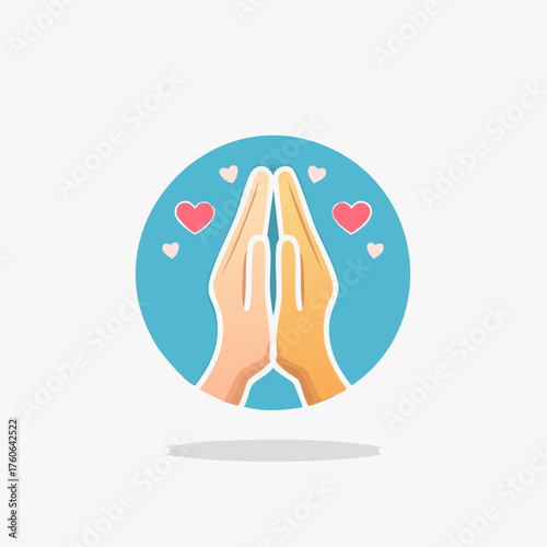 Two hands with different skin tones pressed together in a gesture of prayer or gratitude, surrounded by small hearts, set against a blue circular background.