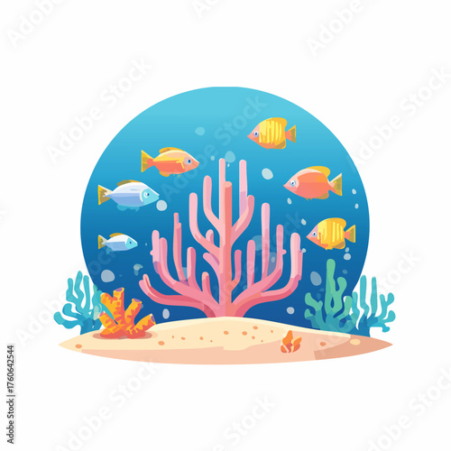 Underwater scene with colorful fish and coral reef.
