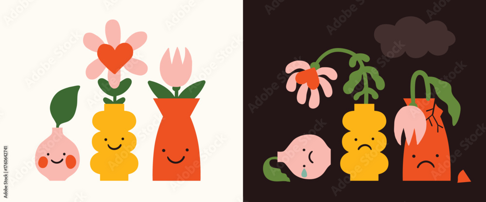 Fototapeta premium Mental health and mental illness illustration set. Happy and healthy illustration, mental health. Heads vases, smiling and sad, with flowers. Wellness, happiness, mental wealth. Depression disorder.