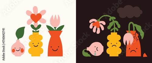 Mental health and mental illness illustration set. Happy and healthy illustration, mental health. Heads vases, smiling and sad, with flowers. Wellness, happiness, mental wealth. Depression disorder.