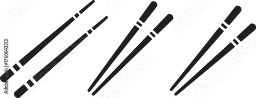 Three pairs of black chopsticks silhouette isolated on transparent background