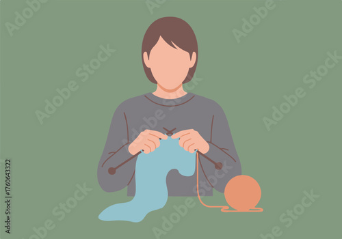 Woman Knitting a Blue Scarf with Needles and Yarn in a Serene Green Setting