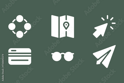 A collection of six white flat design icons on a dark green background, including symbols for network, map, click, credit card, sunglasses, and paper airplane.