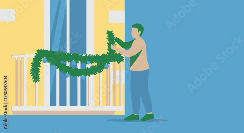Adding Holiday Cheer Decorating a Balcony with Festive Green Garland and Lights
