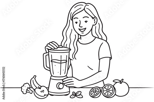 A minimalist black and white vector illustration depicting fruits and vegetables being blended into a healthy drink, accented by clear black outlines.