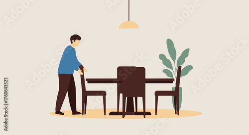Stylized Man Arranging Chairs Around a Dining Table Under a Hanging Lamp Illustration