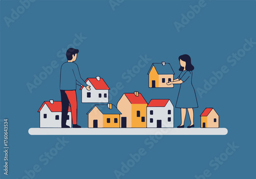 Building a Community People Connecting Houses to Create a Neighborhood Illustration