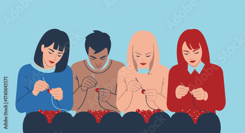 Diverse Group Knitting Together A Colorful Illustration of Community and Craftsmanship