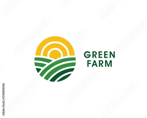 Green Farm Logo Design - Sunrise over Agricultural Fields Circle Icon