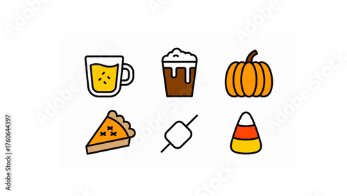 Illustration of fall themed treats and items including pumpkin pie candy corn and warm beverages